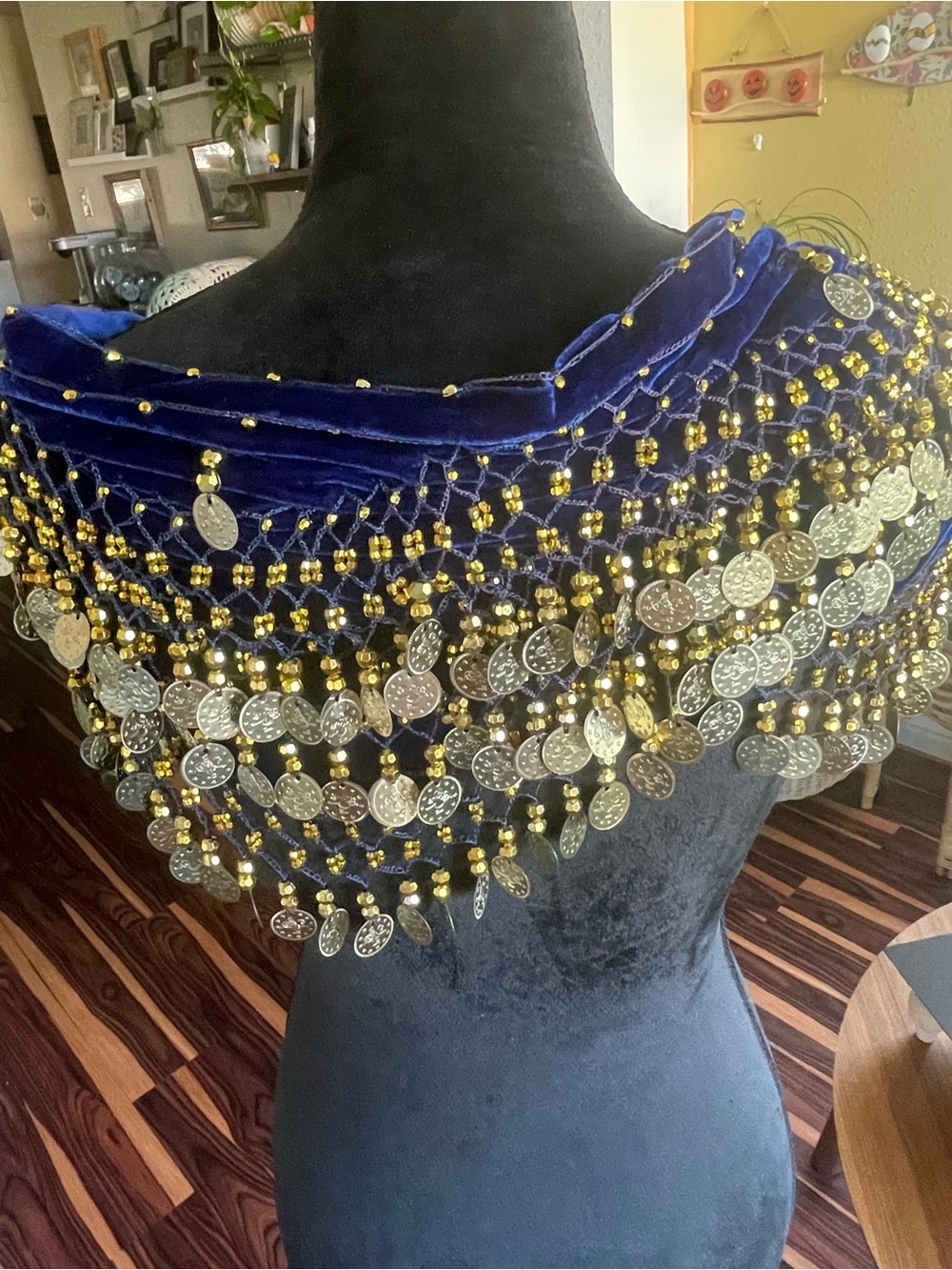 Blue Velvet Coin Fringe Hip Scarf - Gold & Silver Accents
